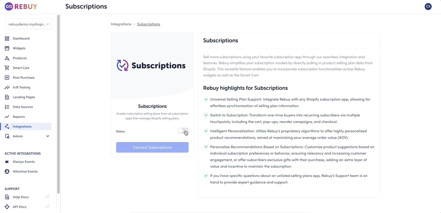 Subscriptions integration page with Connect button