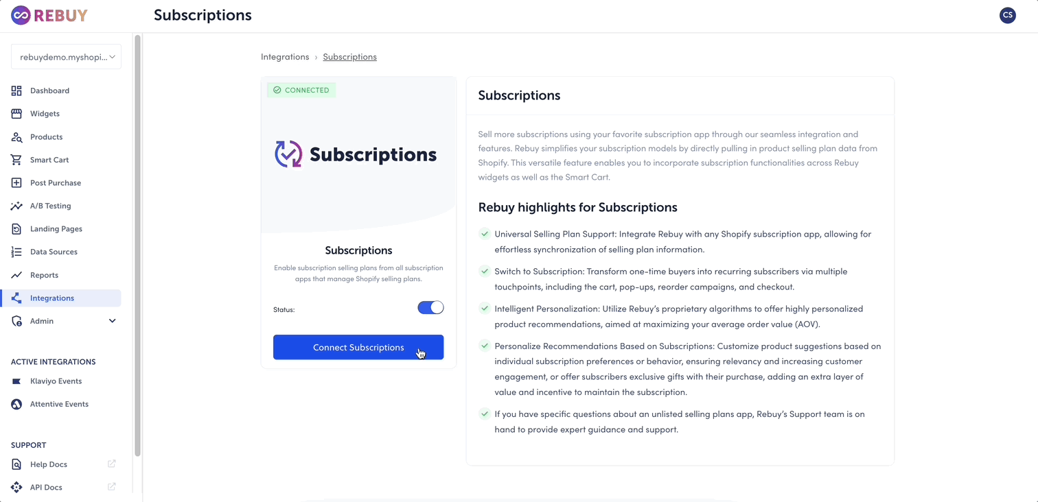 Subscriptions integration showing connected status