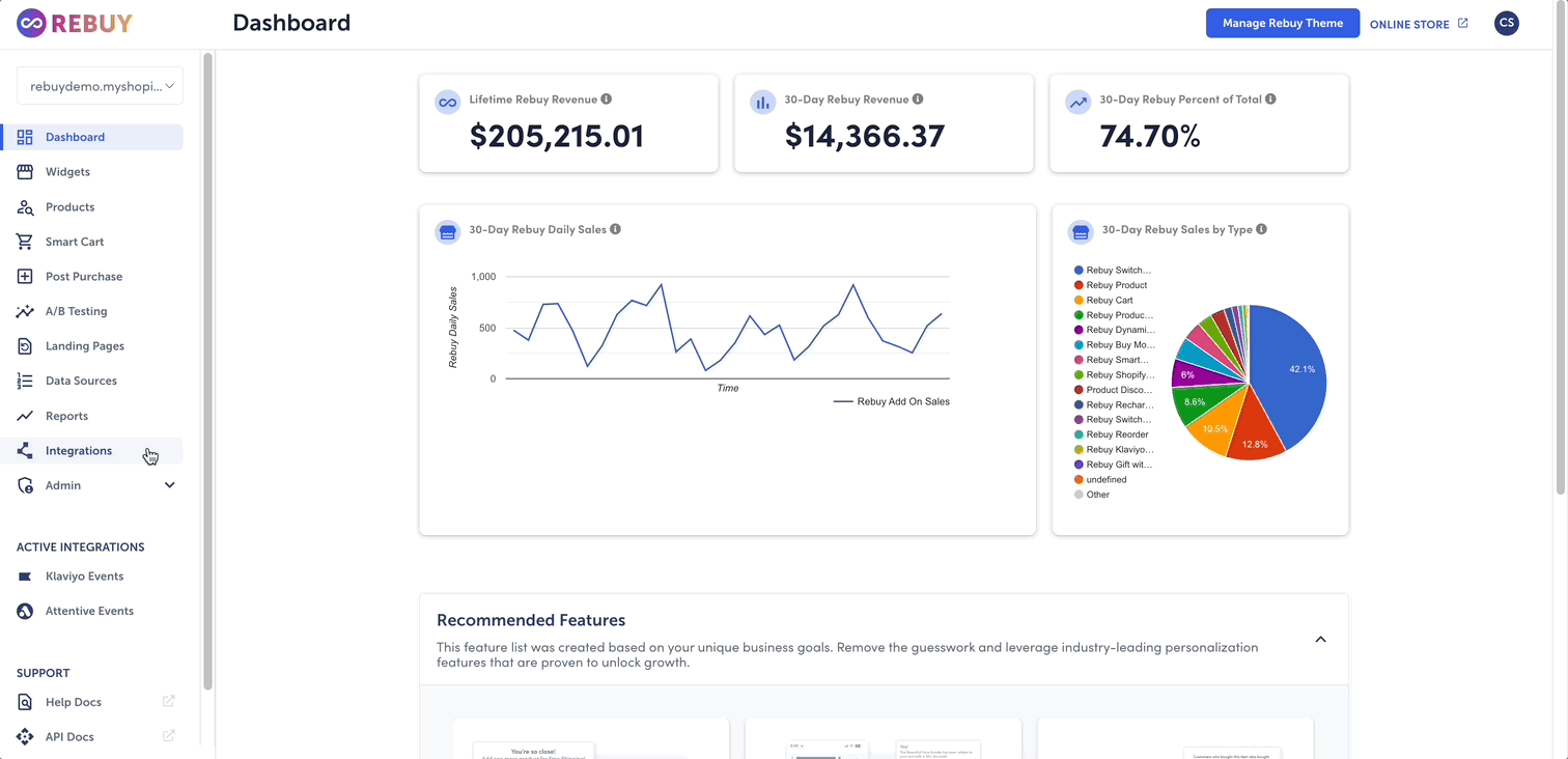 Navigating to Integrations in the Rebuy admin sidebar
