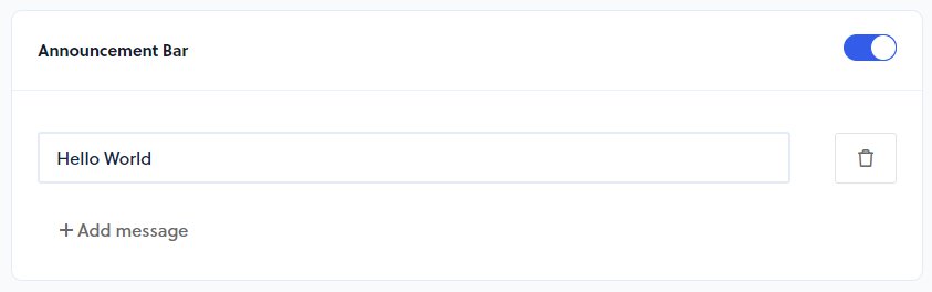 Announcement Bar settings with sample message field